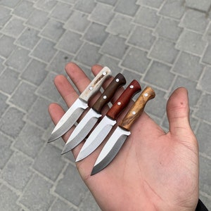 May include: Four small knives with varying handle materials, including light-colored bone, dark brown wood, and reddish-brown wood. The blades are silver and have a curved shape. The knives are held in a hand against a gray background.