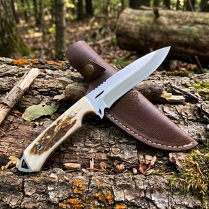 May include: A hunting knife with a stainless steel blade and a light-coloured handle with brown accents. The knife rests on a log with its brown leather sheath. The background is a forest setting.