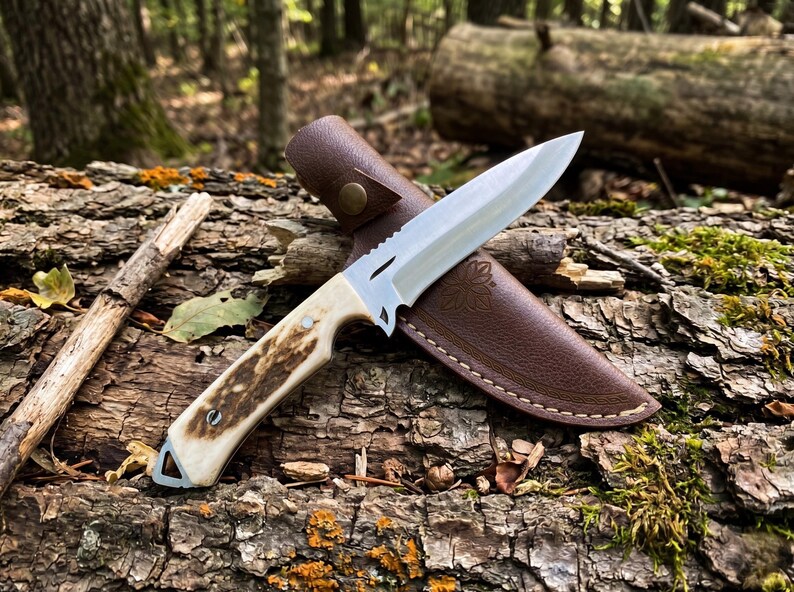 May include: A hunting knife with a stainless steel blade and a light-coloured handle with brown accents. The knife rests on a log with its brown leather sheath. The background is a forest setting.