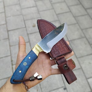 Blue Epoxy Handle Hunting Knife – Personalized Gift for Him – Custom Engraved Knife for Birthday or Anniversary – Unique Outdoor Knife