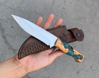 Cuchillo de camping personalizado hecho a mano caza Bushcraft cuchillo regalo para él híbrido epoxi y madera