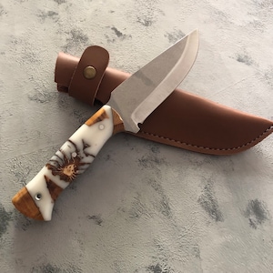 Personalized Bushcraft Knife: Handmade German Steel, Olive Wood & Epoxy Handle