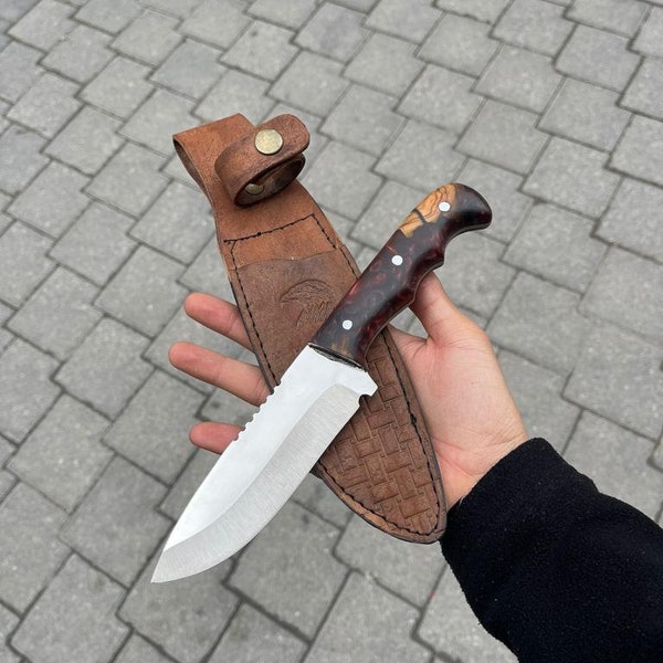 4116 Cuchillo Bushcraft de acero inoxidable, cuchillo de caza, regalos para hombres, regalos para novio y regalo único para él - vaina de cuchillo de cuero