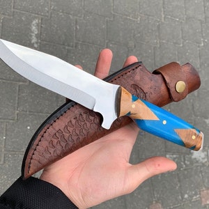 Personalized Custom Knife, Blue Epoxy Handle, Hunting Knife, Camping Gift,Laser Engraved Knife,Ultra Sharp,Birthday Gift