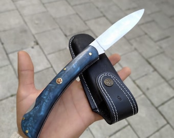 Custom Folding Pocket Knife: Epoxy Resin Handle, Leather Sheath