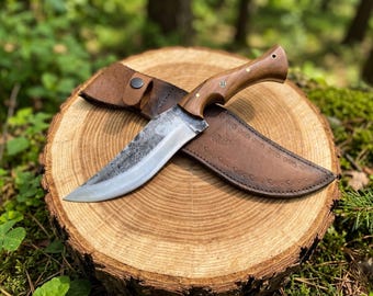 Camping Knife,5160 Forged Steel Knife-Walnut Wood Handle Leather Sheath,Anniversary - Birthday Gift