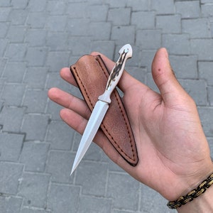 Custom Hunting Knife: Handmade Stainless Steel, Deer Antler Handle, Leather Sheath
