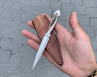 Custom Hunting Knife: Handmade Stainless Steel, Deer Antler Handle, Leather Sheath