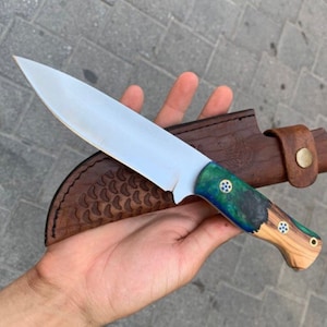 Personalized Hunting Knife, Epoxy Resin & Olive Wood Handle, Engraved Gift for Groomsman, Anniversary, Birthday, Custom Outdoor Knife