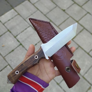 Custom Handmade Handcrafted Tanto Blade Knife Walnutwood Handle Leather Sheath