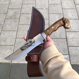 Personalized Hunting Knife: 4116 Steel, Walnut Dog Handle, Leather Sheath