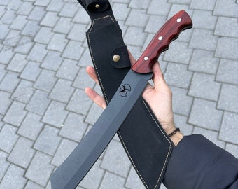 Handmade Carbon Steel Machete: Narrawood Handle, Leather Sheath