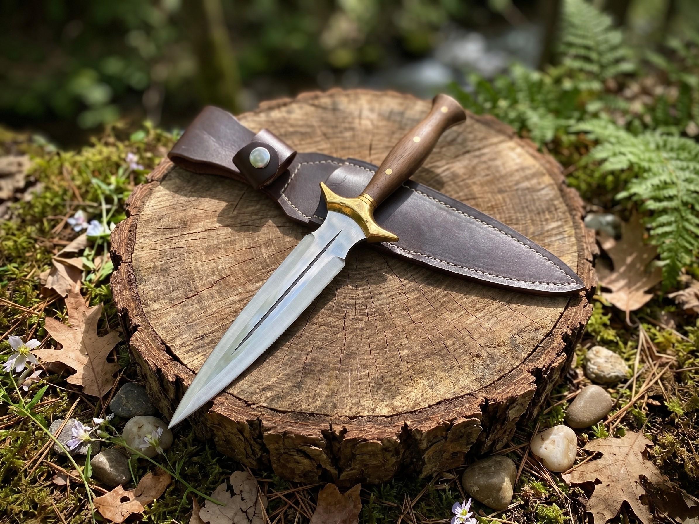 Handmade Fairbairn Sykes Dagger Knife, Walnut Handle, Leather