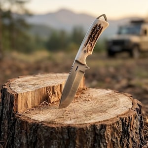 May include: A hunting knife with a light-coloured handle and a silver blade is stuck in a tree stump. The handle has a brown pattern. The background is blurred, showing trees and a vehicle.