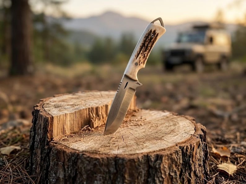 May include: A hunting knife with a light-coloured handle and a silver blade is stuck in a tree stump. The handle has a brown pattern. The background is blurred, showing trees and a vehicle.