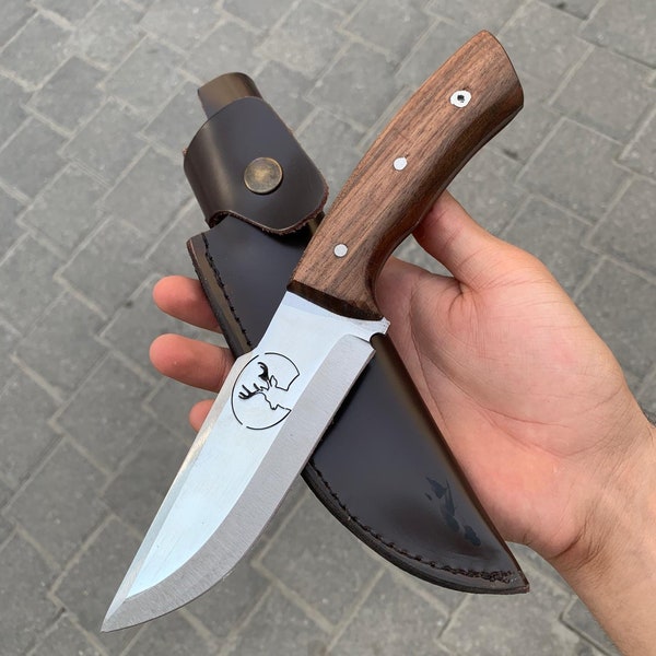 Custom Handmade Hunting Knife, Walnut Wood Handle, German Stainless Steel 4116  Fixed Knife, Leather Sheath