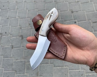 Custom Handmade German Steel Mini Knife Mini Cleaver Deer Antler & Sheep Horn Handle Option With Free Leather Sheath