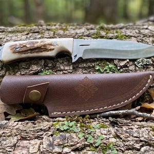 May include: A hunting knife with a silver blade and a light-coloured handle rests on a textured log. A brown leather sheath with a decorative emblem and a snap closure is positioned below the knife. The scene includes fallen leaves and moss.