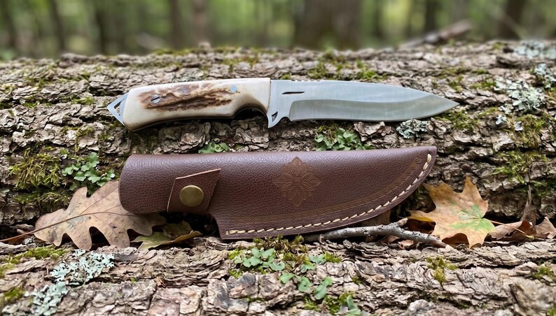 May include: A hunting knife with a silver blade and a light-coloured handle rests on a textured log. A brown leather sheath with a decorative emblem and a snap closure is positioned below the knife. The scene includes fallen leaves and moss.