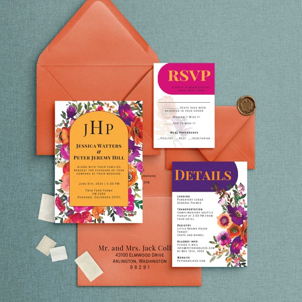 Maximalist wedding invite, colorful wedding, vibrant wedding invitation suite, artsy wedding paper, bold wedding look stationery