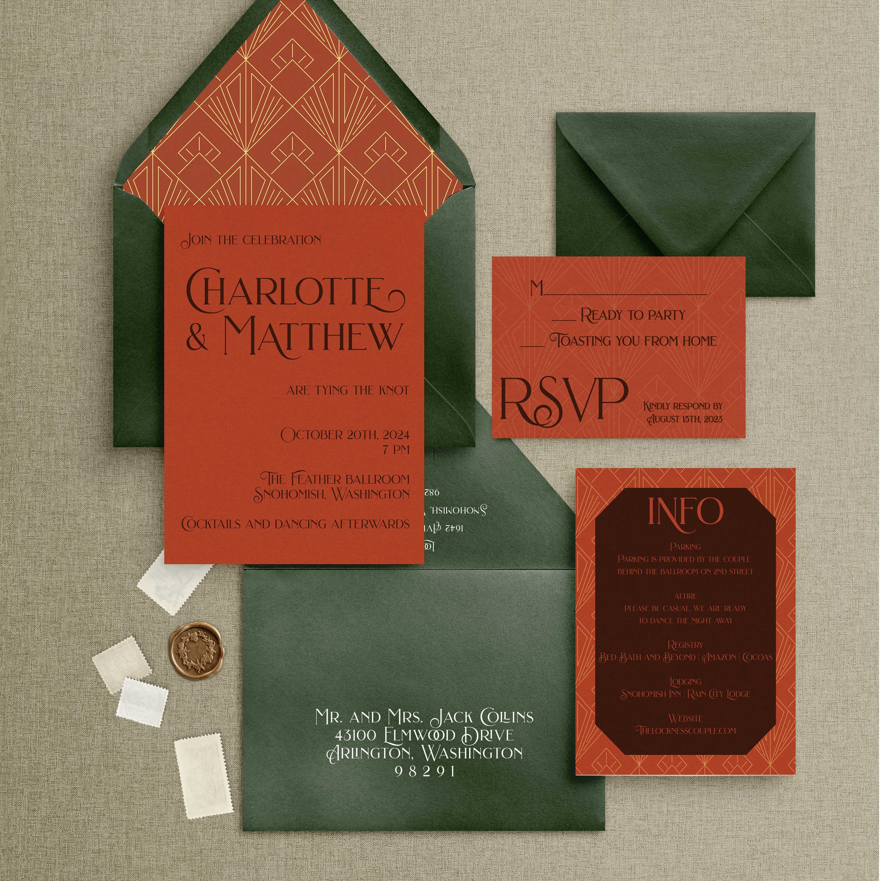 Art Deco wedding invitation, roaring 20s wedding suite, great gatsby wedding invite, Art Nouveau event invitation stationery