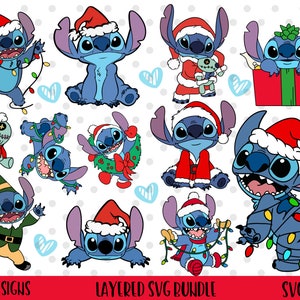 12pcs, GELAAGD, Stitch Kerst SVG Bundel, Kerst SVG, vakantie SVG, santa SVG,
