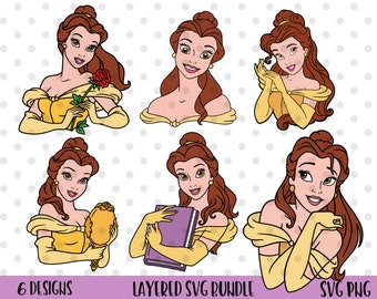 Może przedstawiać: Sześć różnych cyfrowych ilustracji Belle z filmu Piękna i Bestia. Każda ilustracja przedstawia Belle w żółtej sukni w innej pozie i z innym wyrażeniem twarzy. Ilustracje są w stylu kreskówkowym i nadają się do użycia w projektach cyfrowych.