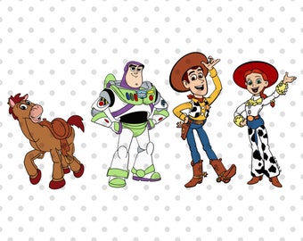 Puede incluir: Una ilustración de dibujos animados de cuatro personajes de la franquicia Toy Story. Los personajes son Woody, Buzz Lightyear, Jessie y Bullseye. Woody lleva su sombrero de vaquero y chaleco característicos. Buzz Lightyear lleva su traje de ranger espacial. Jessie lleva su atuendo de vaquera. Bullseye es un caballo marrón con una silla de montar.