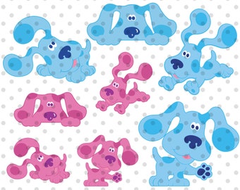 Puede incluir: Un conjunto de nueve pegatinas de perros de dibujos animados con perros azules y rosas con manchas. Los perros están en varias poses, incluyendo sentados, de pie y corriendo.