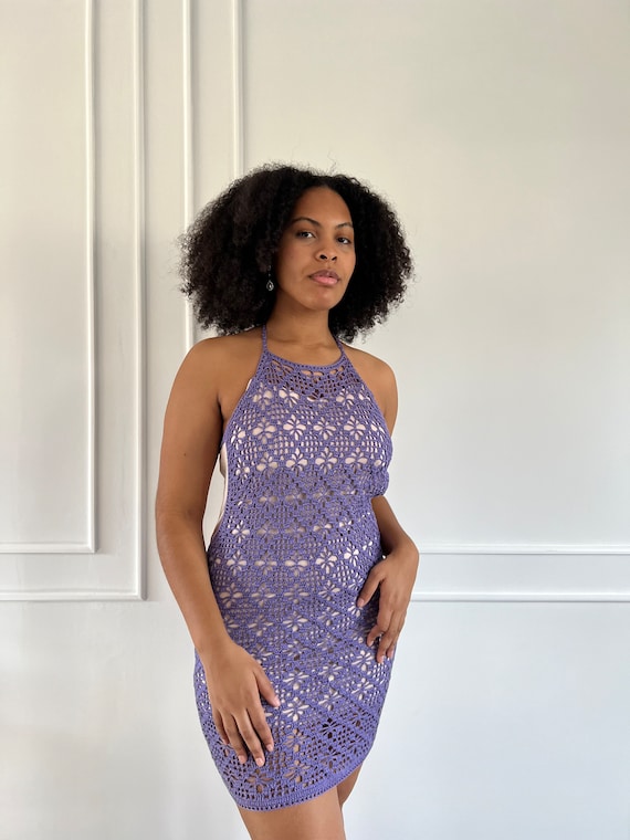 Purple Passion Backless Halter Crochet Mini Dress | Beach Cover-Up | Vacation Outfit