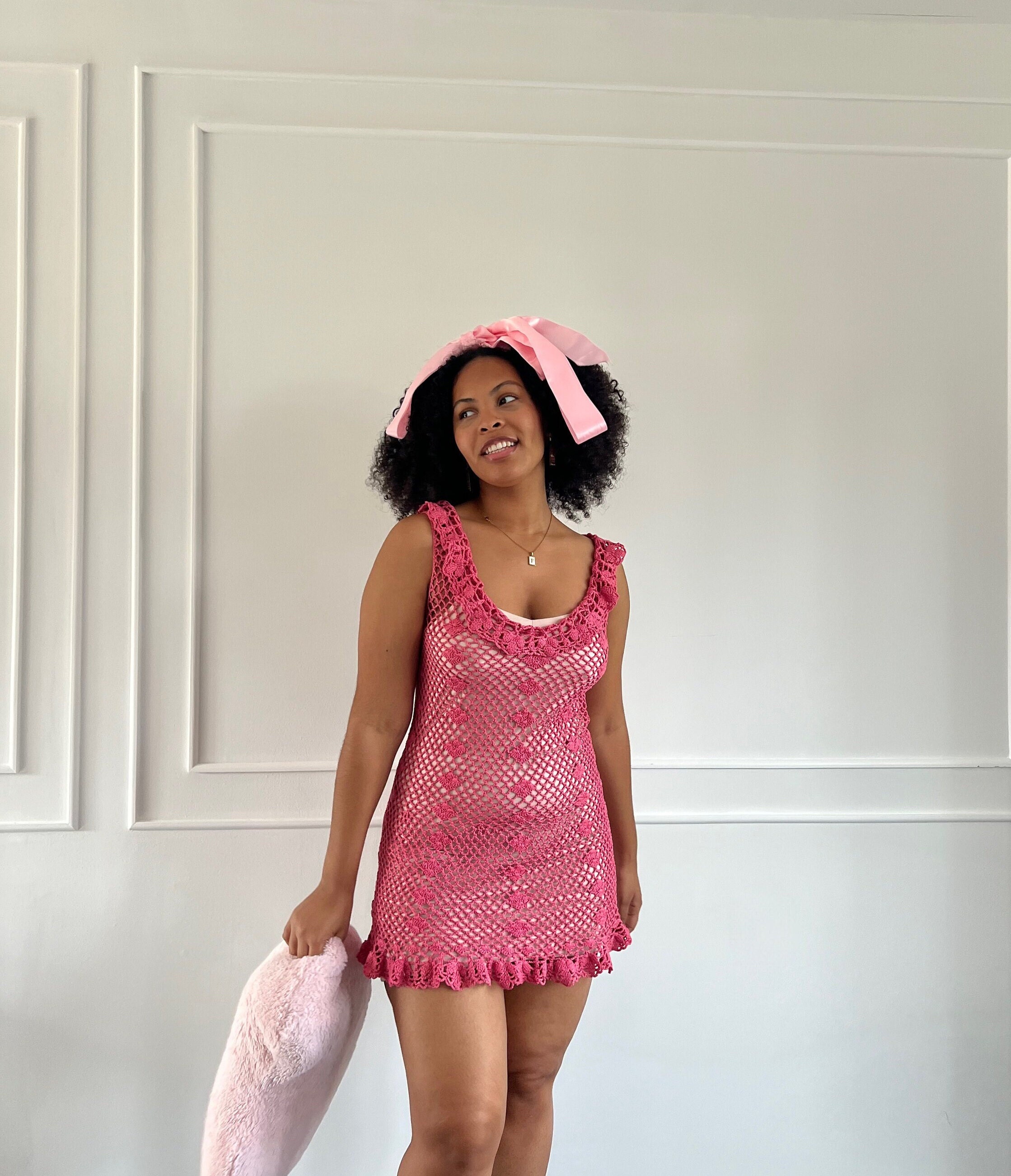 Rose Pink Crochet Minidress Ruffles & Diamond Design Perfect for ...