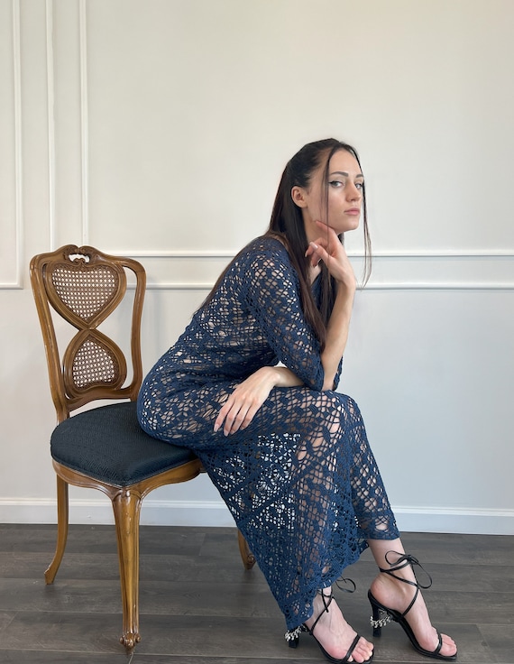 Midnight Elegance: Dark Blue Crochet Maxi Dress
