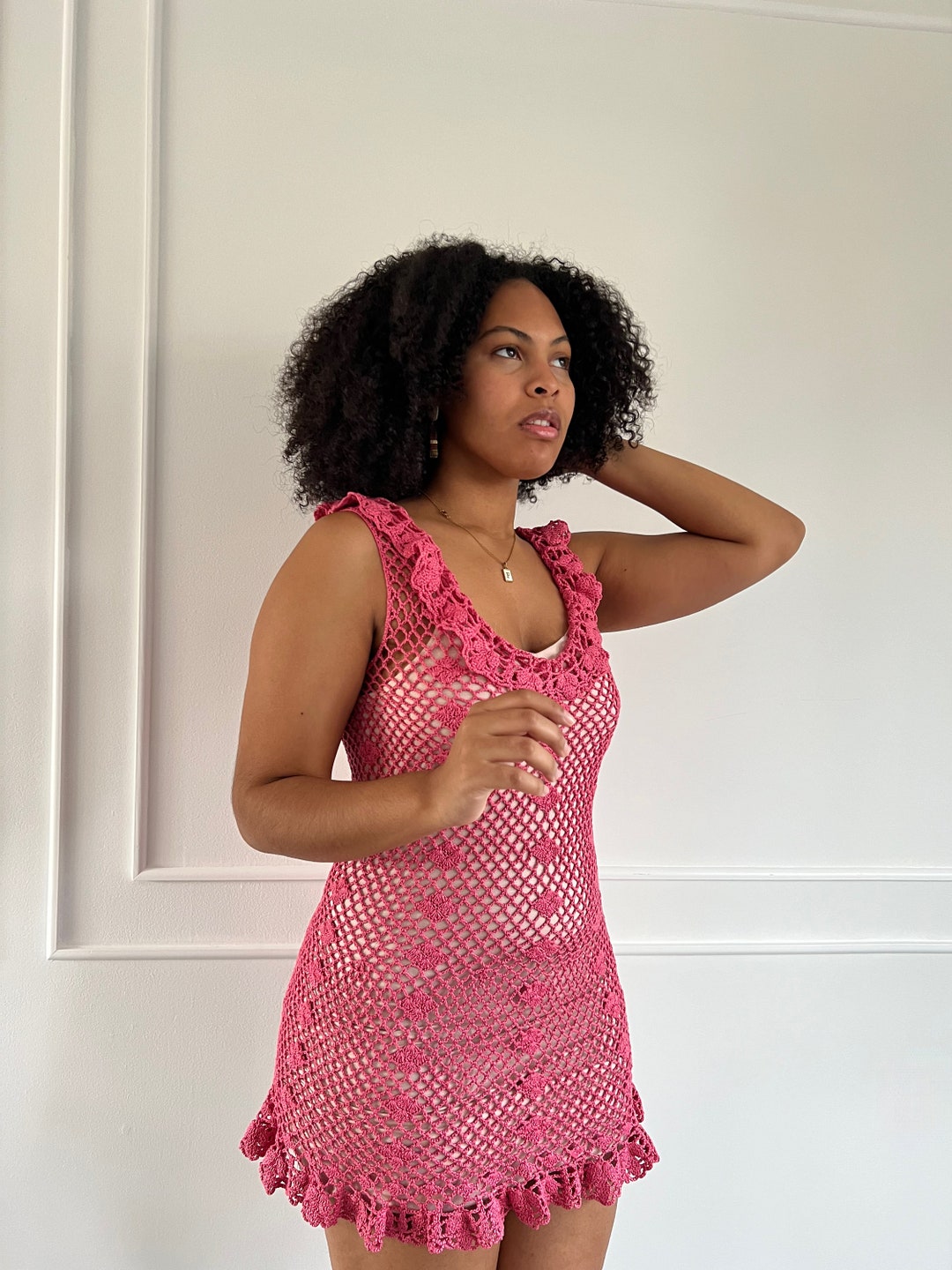 Short Rhinestone Crochet Dress Pink