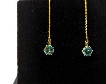 14 kt gold filled box chain earrings with .5ct cyan blue Moissanite diamonds