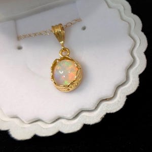 Authentic Ethiopian welo fire opal in 14k gold filled 8x10mm floral bezel pendant necklace
