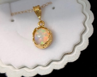 Authentic Ethiopian welo fire opal in 14k gold filled 8x10mm floral bezel pendant necklace