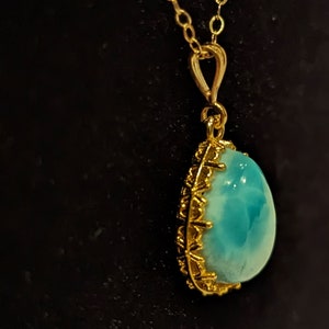 Elegant 10x14 Larimar Teardrop Pendant Necklace in 24k Gold Plated Bezel - Handcrafted Beauty.