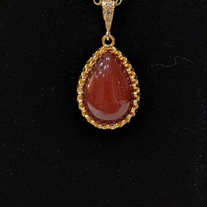 Red carnelian gemstone in teardrop in 24k heavy gold  plated crown pendant necklace