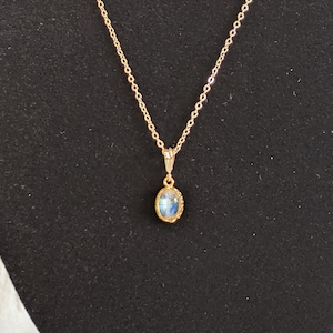 AAA+ 6x8mm Oval rainbow moonstone in  14k gold  filled crown bezel  pendant necklace