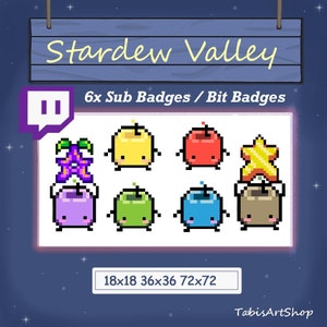 Puede incluir: Seis insignias de estilo pixel art con personajes del videojuego Stardew Valley. Las insignias son de varios colores, incluyendo morado, amarillo, rojo, verde, azul y marrón. El texto "6x Sub Badges / Bit Badges" está por encima de las insignias. El texto "18x18 36x36 72x72" está debajo de las insignias. El texto "TabisArtShop" está en la esquina inferior derecha.