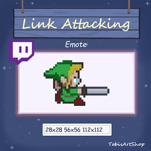 Könnte beinhalten: Ein Pixel-Art-Emote von Link aus der Videospielserie The Legend of Zelda, der mit seinem Schwert angreift. Das Emote ist in den Größen 28x28, 56x56 und 112x112 Pixel verfügbar. Der Text "Link Attacking" und "Emote" ist ebenfalls auf dem Bild zu sehen.