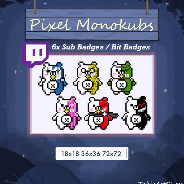 6x Twitch Sub Badges / Bit Badges - Monokubs from Danganronpa (Pixel Style)