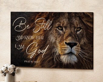 León de Judá: «Estad quietos y sabed que yo soy Dios» / Arte en lienzo de Jesús / Versículo bíblico en lienzo / Pintura de Jesús en lienzo / Arte cristiano en lienzo