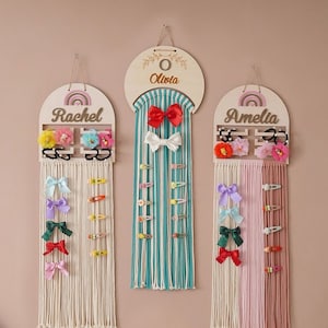 Lazo de scrunchies personalizado, portafotos, colgante de pared de macramé, soporte para diadema, organización de bebés, regalo único para ella, regalo adicional para mamá H74