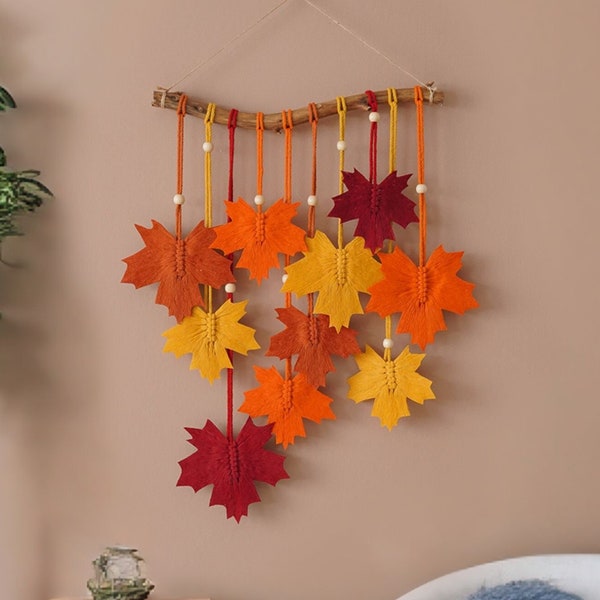 Macrame Leaf Art, Autumn Decor, Fall Leaf, Modern Wall Tapestry, Bedroom Decor, Driftwood Wall Art, Thanksgiving Sign,Macrame Maple Leaf L28