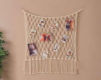 Porte-photo en macramé, oeuvre d'art murale BCBG, décoration de chambre d'adolescente, porte-photo en macramé, collage de photos, cadeaux pour elle, meilleure amie I19