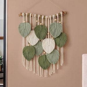 Leaves Wall Hanging, Decor For Room, Scandinavian Home, Tropical Macrame, Wood Wall Art, Mothers Day Gift, Woven Tapestry L33