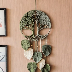 Makrama z zielonymi liśćmi, Drzewo Życia, Boho, Dekoracja ścienna, Ręcznie robione dekoracje do domu, Prezent na nowy dom, Unikalna sztuka dekoracyjna, Prezent na Dzień Matki W19