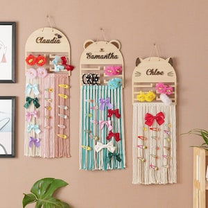 Suporte de laço de cabelo, organizador de grampo de cabelo, organizador de arco de menina, armazenamento de faixa de cabeça, suporte de grampo de cabelo, sinal de nome de madeira, decoração funcional, presente da mãe H22