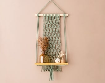 Estantería de macramé, estante de madera, estante para plantas de interior, decoración para sala de estar, estante para plantas, macramé hecho a mano, estantes de pared, regalo único S16